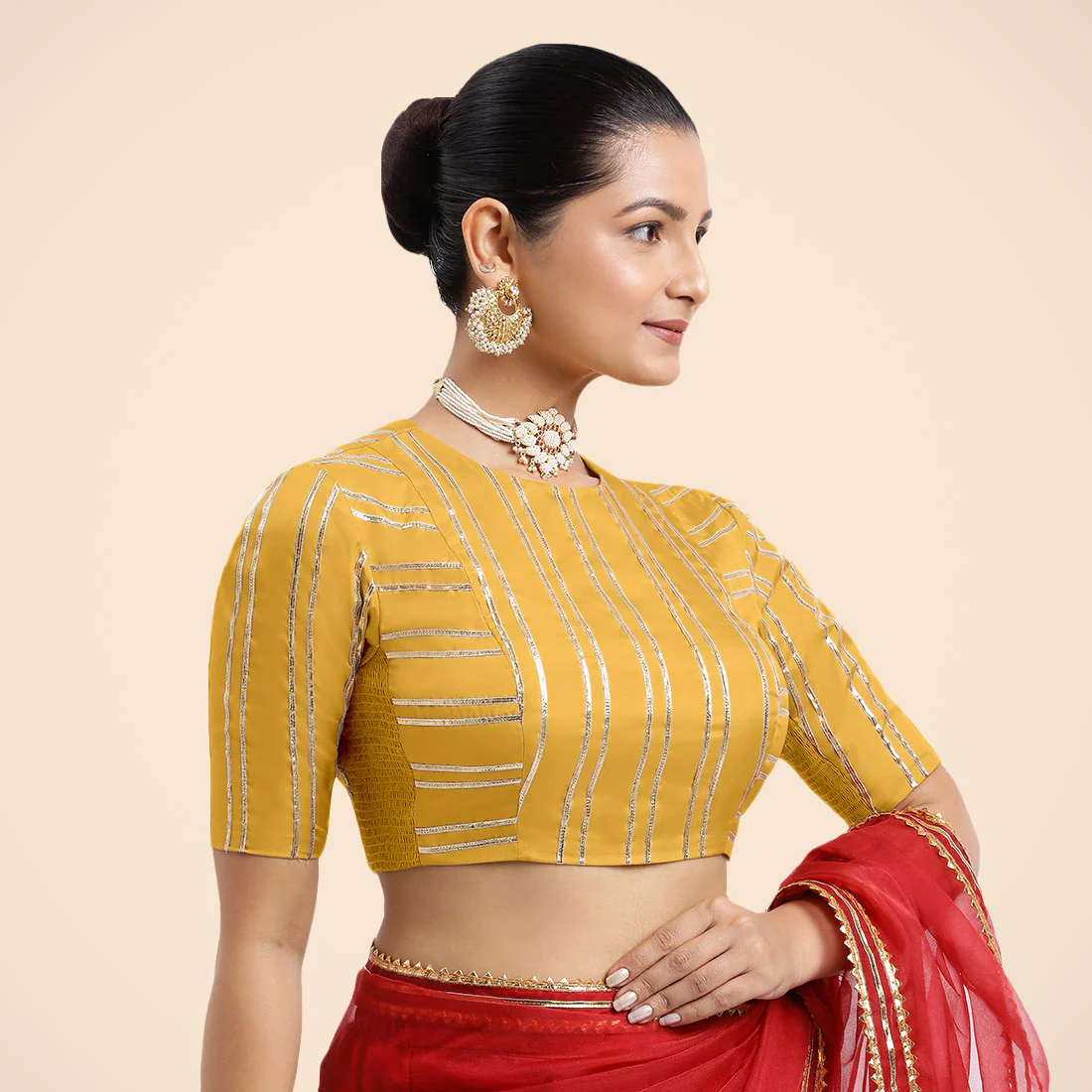 Shaheen x Tyohaar | Elbow Sleeves Marigold Yellow FlexiFit™ Gota Embellished Saree Blouse with Jewel Neck