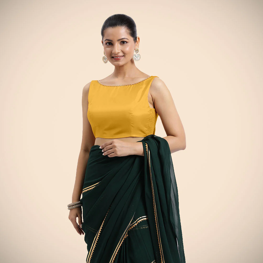 Sherry x Tyohaar | Sleeveless Marigold Yellow FlexiFit™ Gota Embellished Saree Blouse with Boat Neck - Image 12