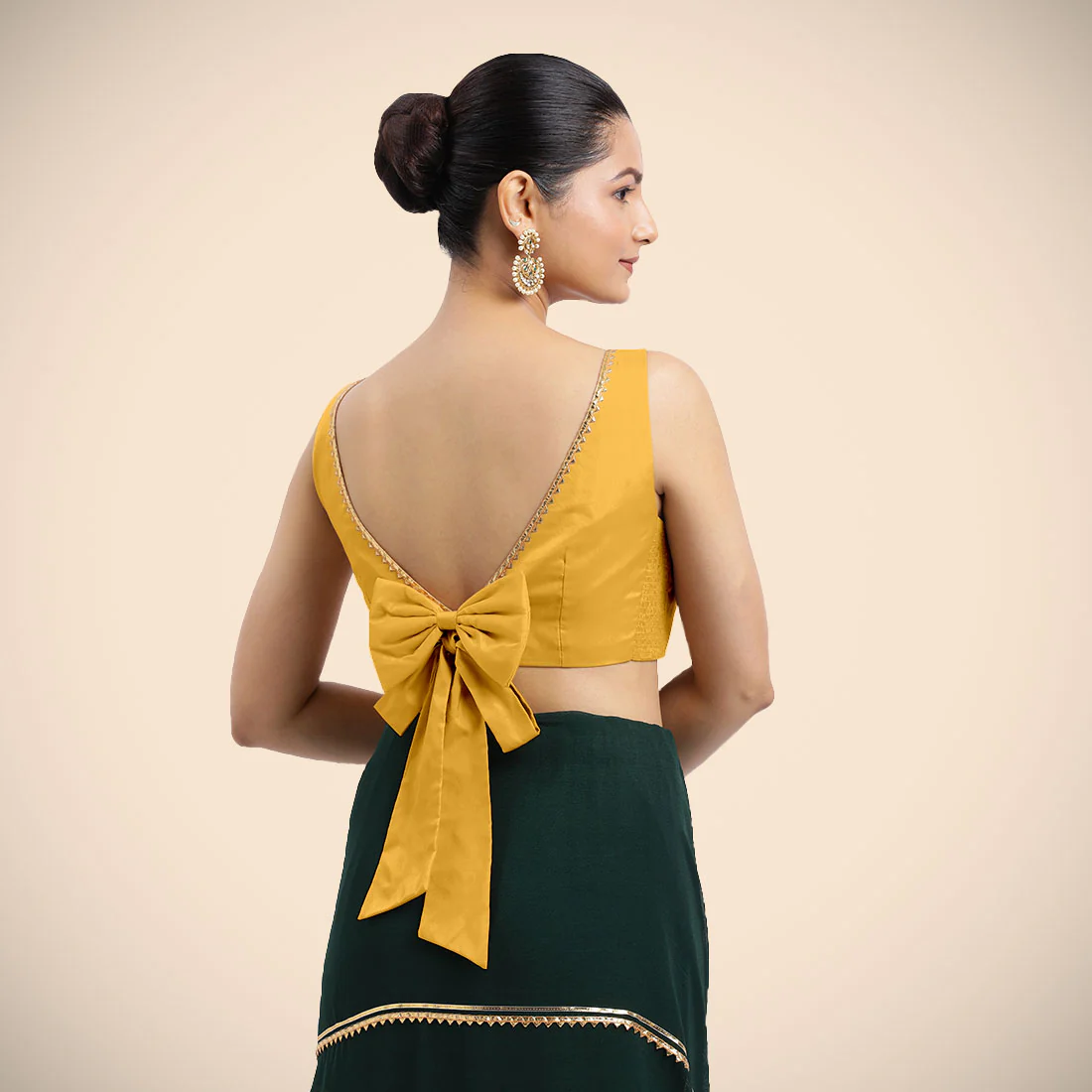 Sherry x Tyohaar | Sleeveless Marigold Yellow FlexiFit™ Gota Embellished Saree Blouse with Boat Neck - Image 14