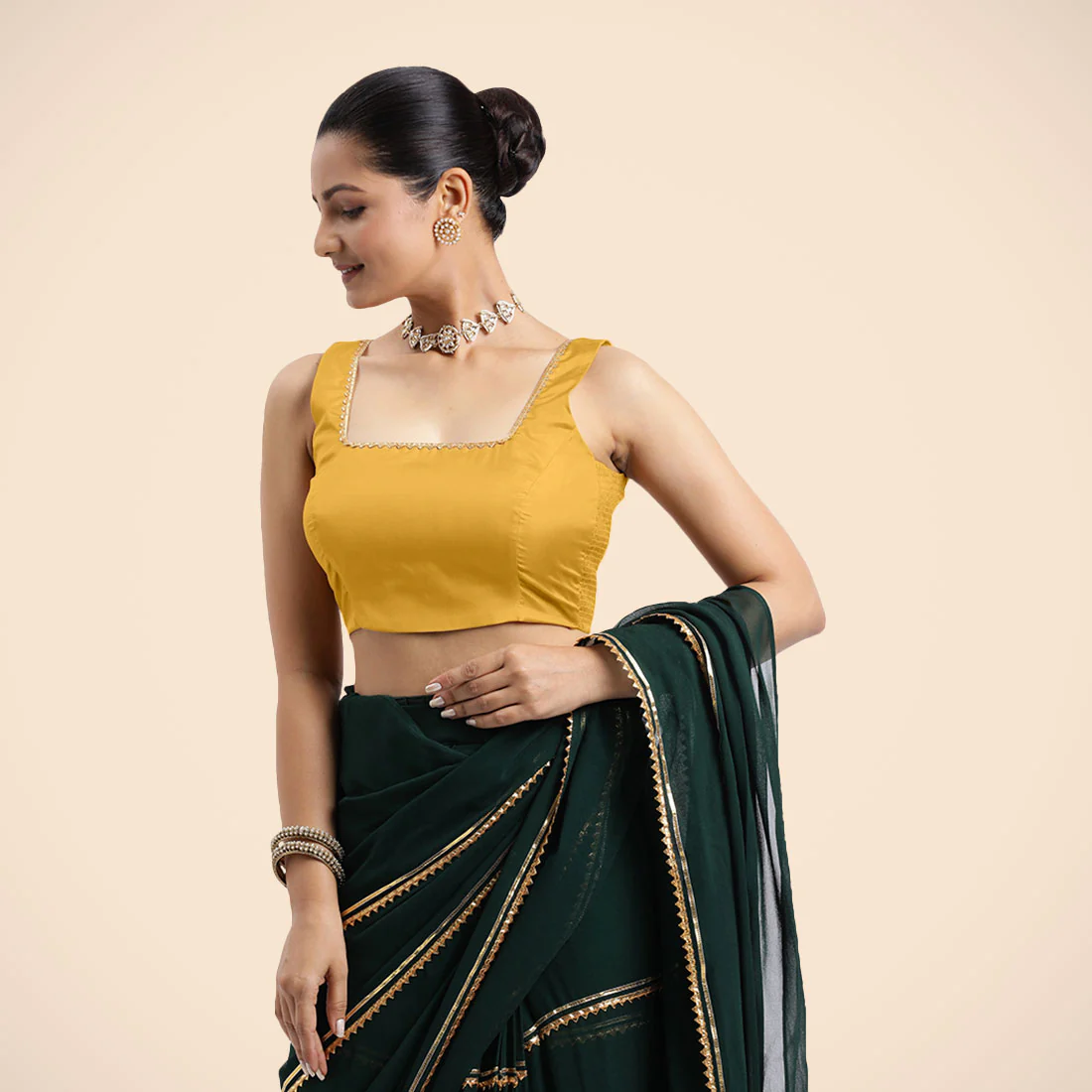 Tanvi x Tyohaar | Sleeveless Marigold Yellow FlexiFit™ Gota Embellished Saree Blouse with Square Neck - Image 5