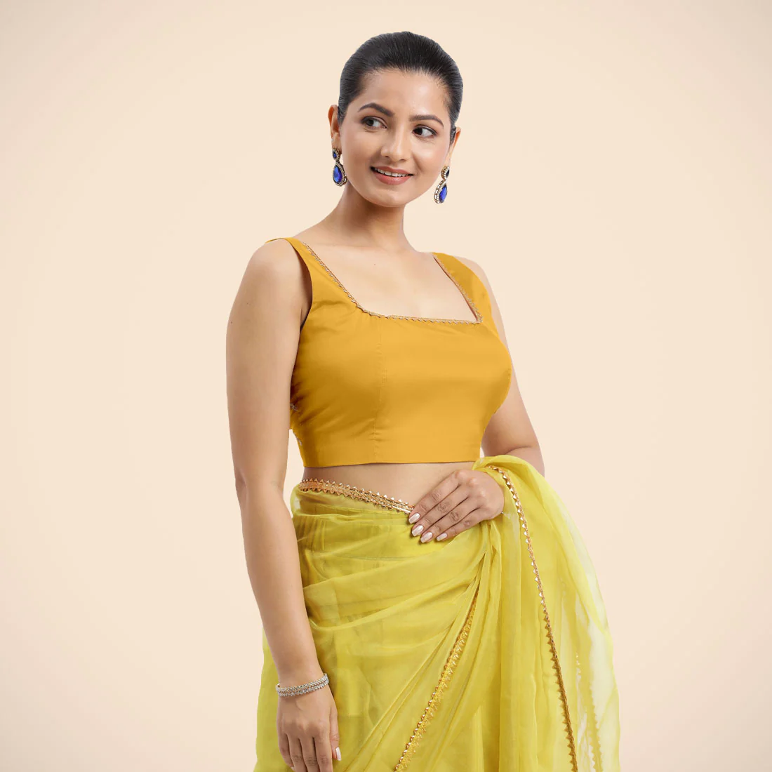 Zeba x Tyohaar | Sleeveless Marigold Yellow FlexiFit™ Gota Embellished Saree Blouse with Square Neck - Image 8