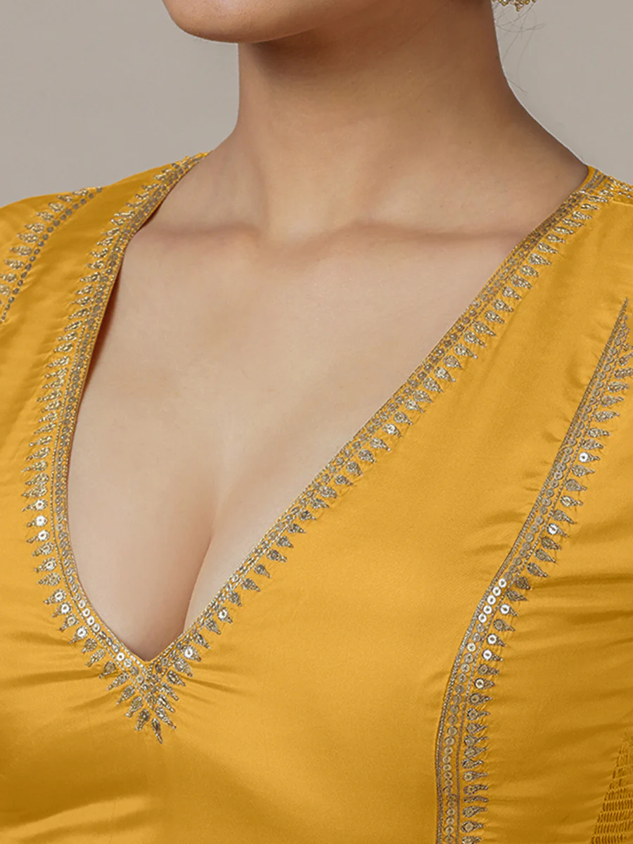 Zohra x Luxe | Elbow Sleeves Marigold Yellow FlexiFit™ Hand Embroidered Saree Blouse with V-Neck - Image 5