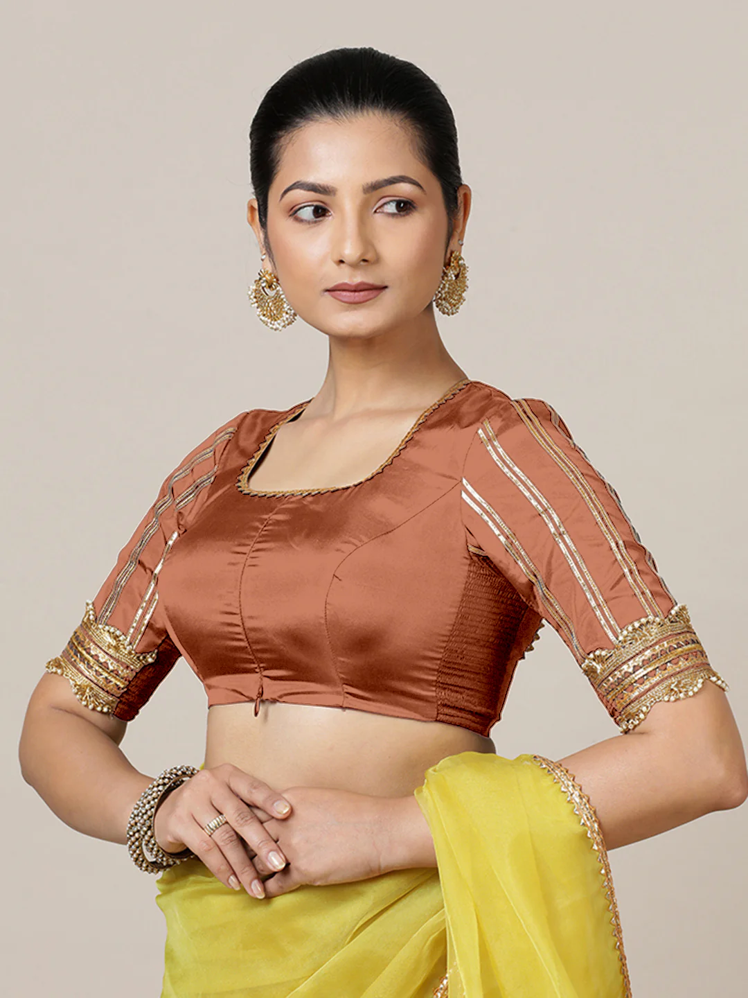 Aziza x Tyohaar | Elbow Sleeves Saree Blouse in Metallic Copper - Image 10
