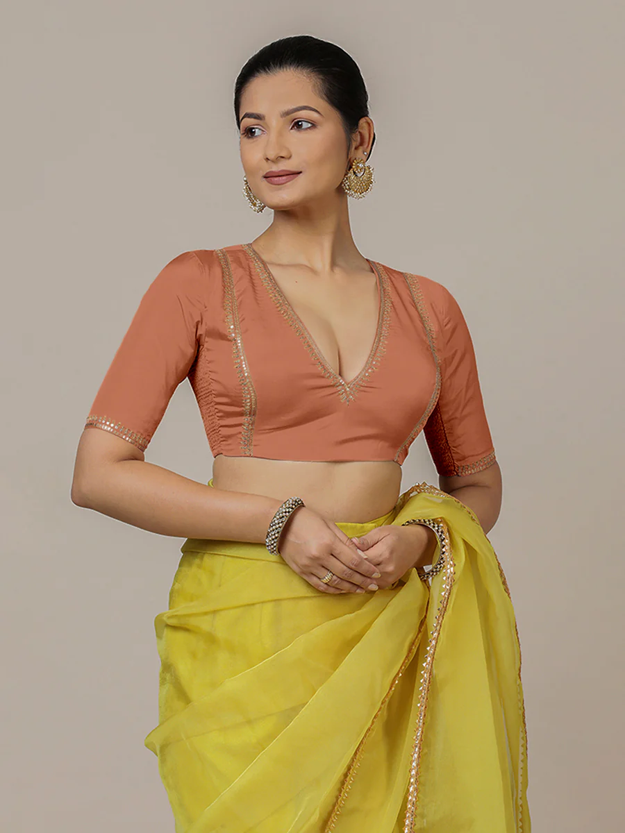 Zohra x Luxe | Metallic Copper Saree Blouse w/ FlexiFit™ Side Seam - Image 6