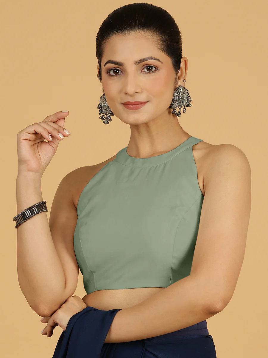 Zubeida x Rozaana | Mint Green Sleeveless Halter Neck Saree Blouse - Image 7