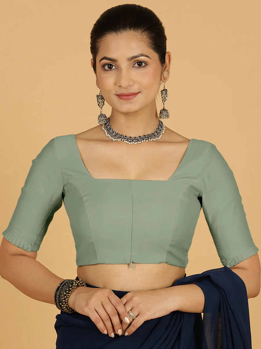 Nihira x Rozaana | Elbow Sleeves Saree Blouse in Mint Green - Image 11