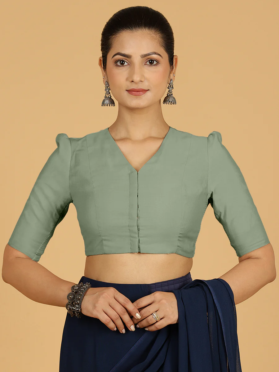 Shravani x Rozaana | Puff Sleeves Saree Blouse in Mint Green - Image 9