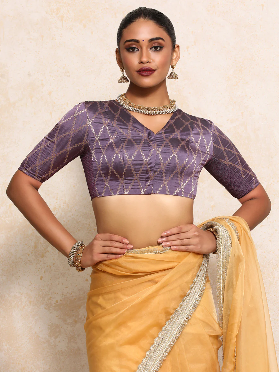 Manisha x Tyohaar | Elbow Sleeves Saree Blouse in Moonlit Lavender Vine Mesh Brocade - Image 12