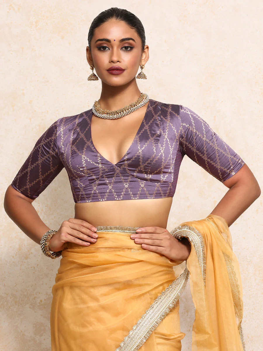 Rubani x Tyohaar | Elbow Sleeves Saree Blouse in Moonlit Lavender Vine Mesh Brocade - Image 7
