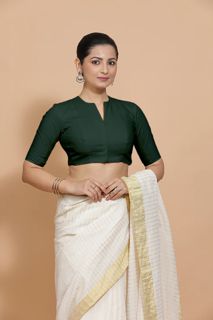 Ananya x Rozaana | Round Neck Moss Green Plain Cotton Saree Blouse - Image 6