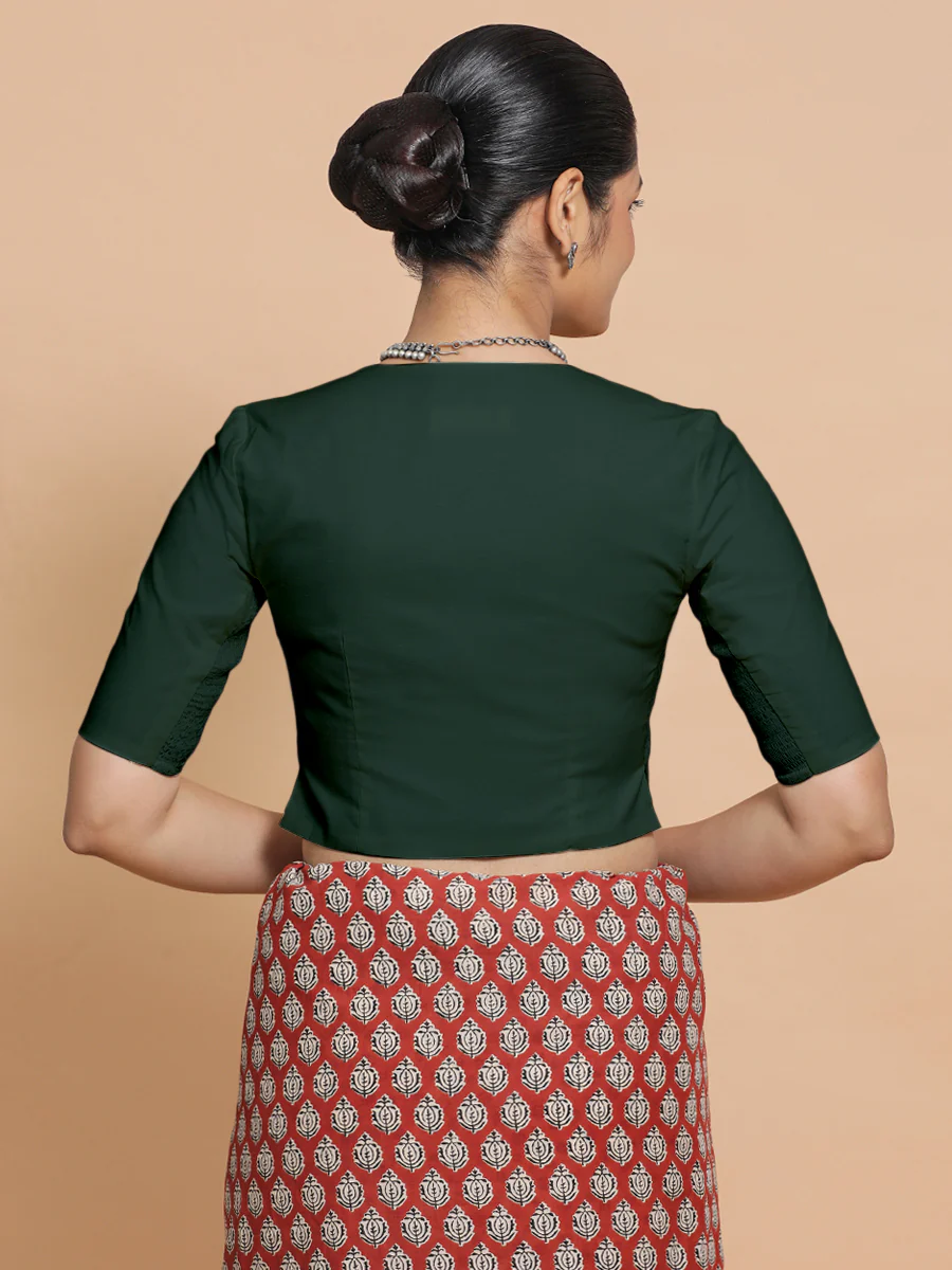 Chaya x Rozaana | V-Neck Moss Green Plain Cotton Saree Blouse - Image 2