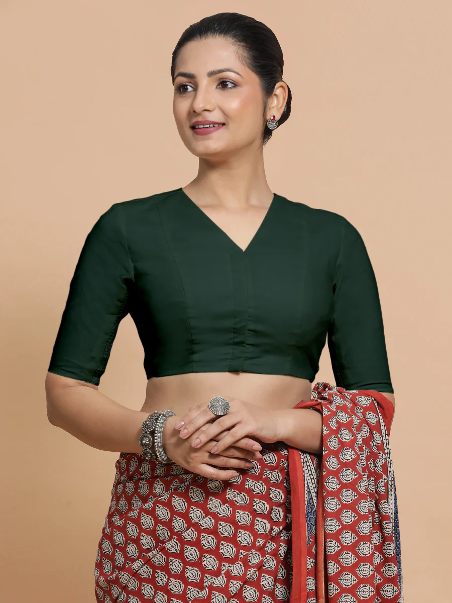 Garima x Rozaana | V-Neck Moss Green Plain Cotton Saree Blouse - Image 10