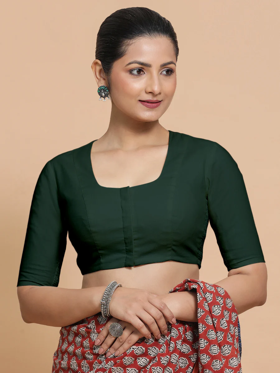 Koel x Rozaana | Round Neck Moss Green Plain Cotton Saree Blouse - Image 11