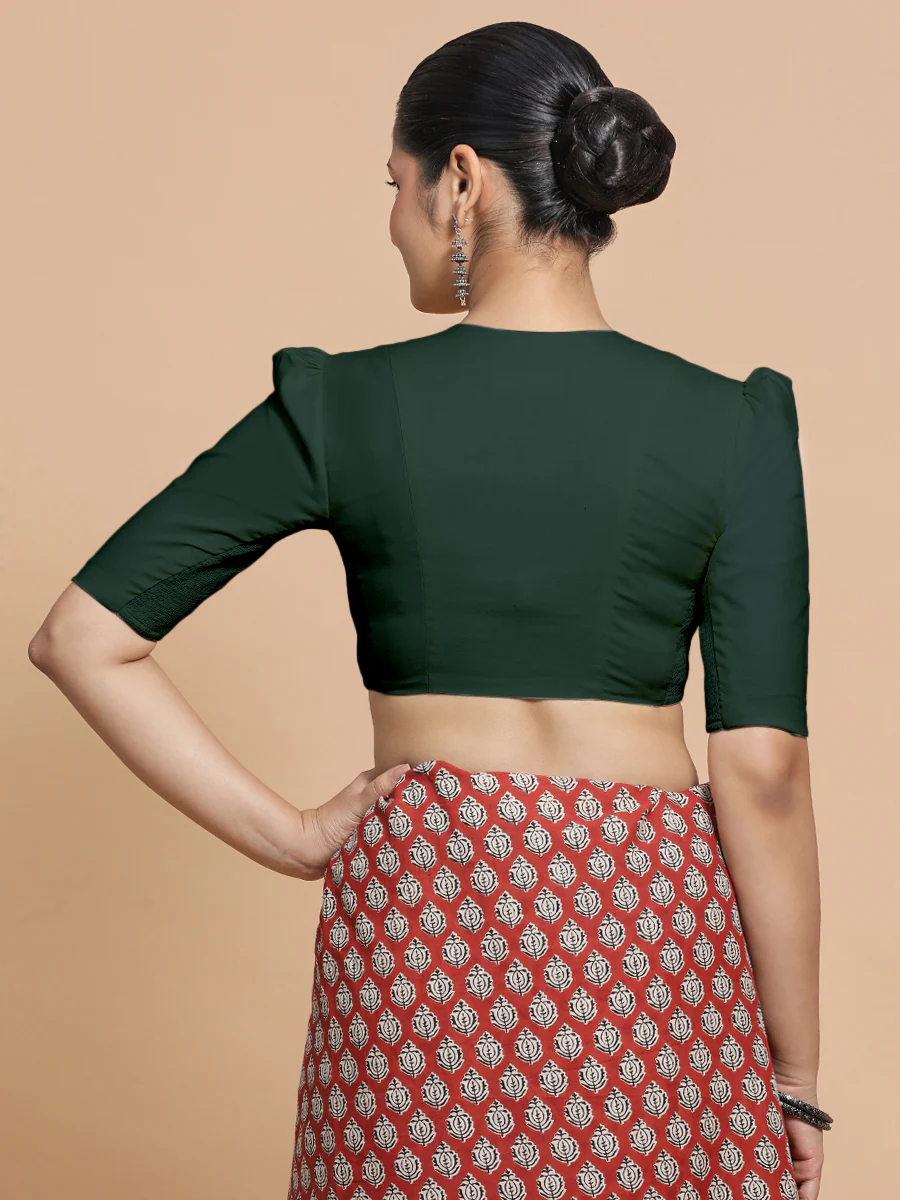 Kriti x Rozaana | V-Neck Moss Green Plain Cotton Saree Blouse - Image 2