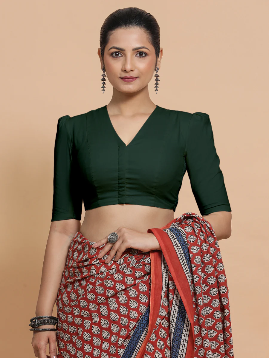 Kriti x Rozaana | V-Neck Moss Green Plain Cotton Saree Blouse - Image 5