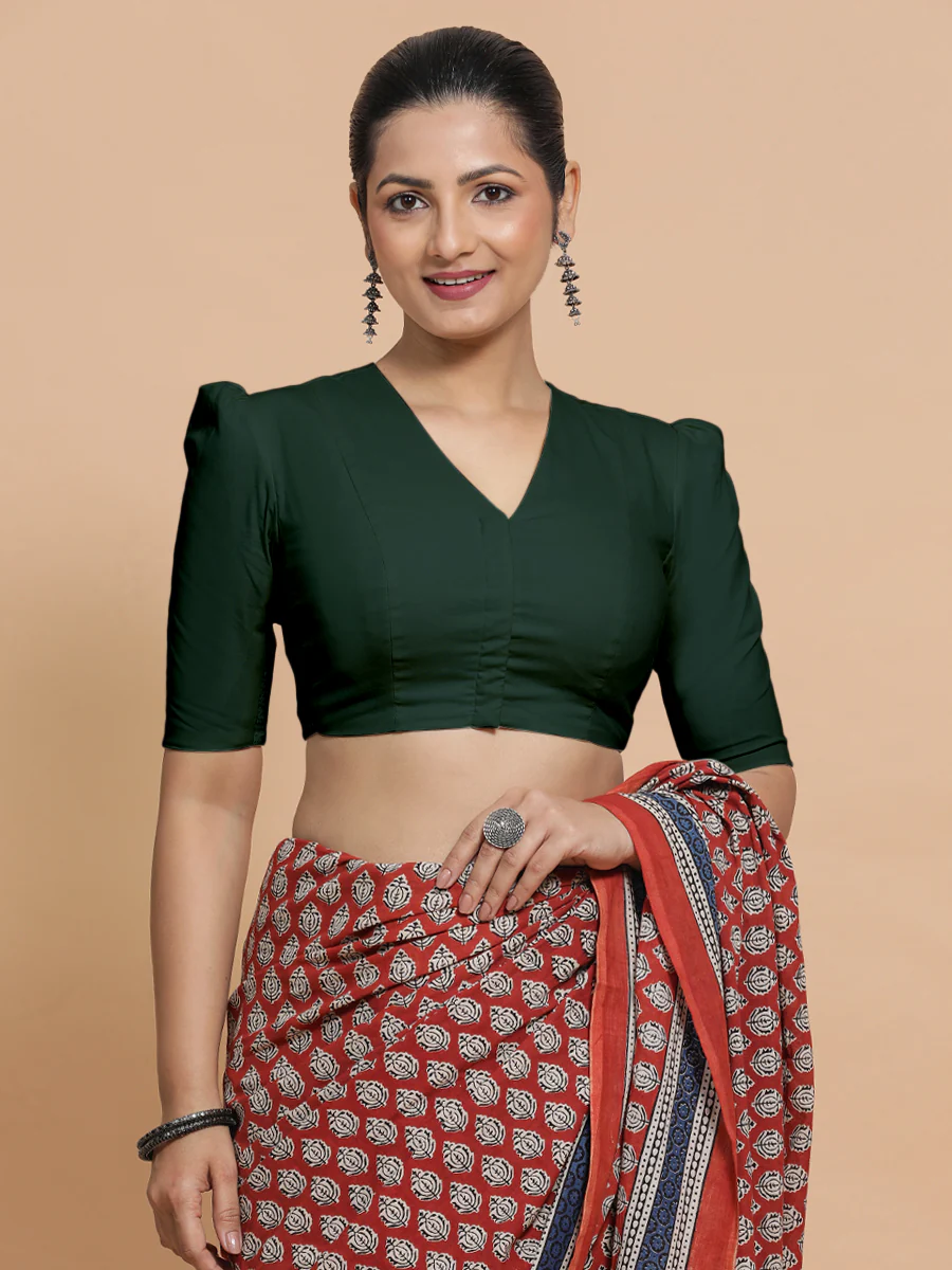 Kriti x Rozaana | V-Neck Moss Green Plain Cotton Saree Blouse - Image 9