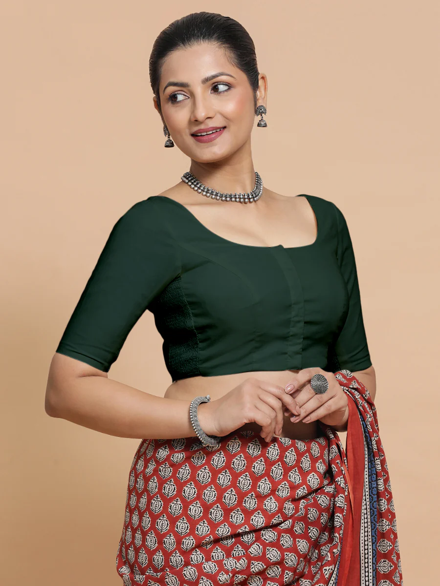 Lahari x Rozaana | Round Neck Moss Green Plain Cotton Saree Blouse - Image 9