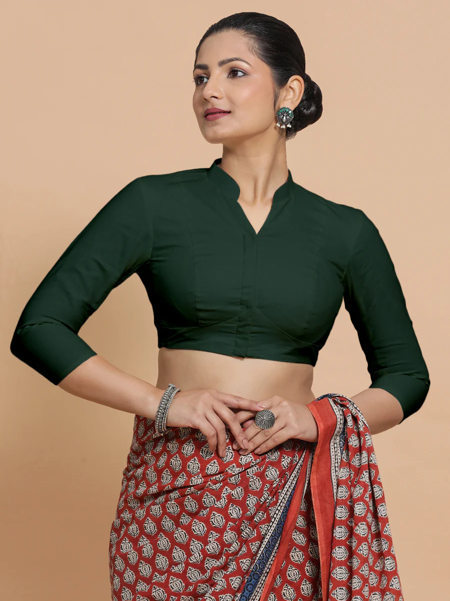 Minal x Rozaana | Mandarin Collar Moss Green Plain Cotton Saree Blouse - Image 6