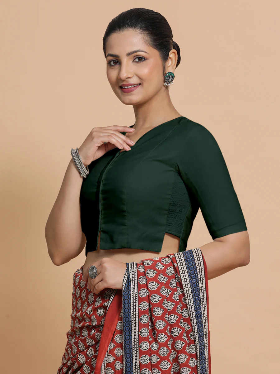 Tejasvi x Rozaana | Round Neck Moss Green Plain Cotton Saree Blouse - Image 11