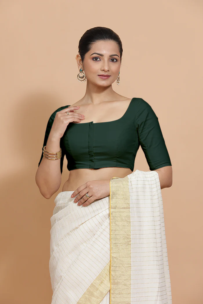 Vritika x Rozaana | Scoop Neck Moss Green Plain Cotton Saree Blouse - Image 8