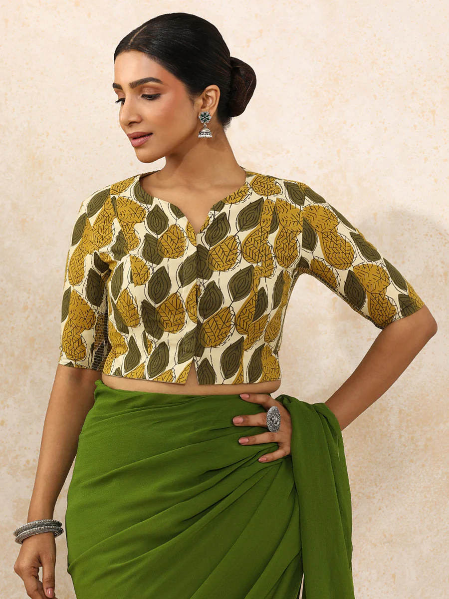 Bhavika x Rozaana | Elbow Sleeves Saree Blouse in Olive Foliage Block Print Cotton - Image 15
