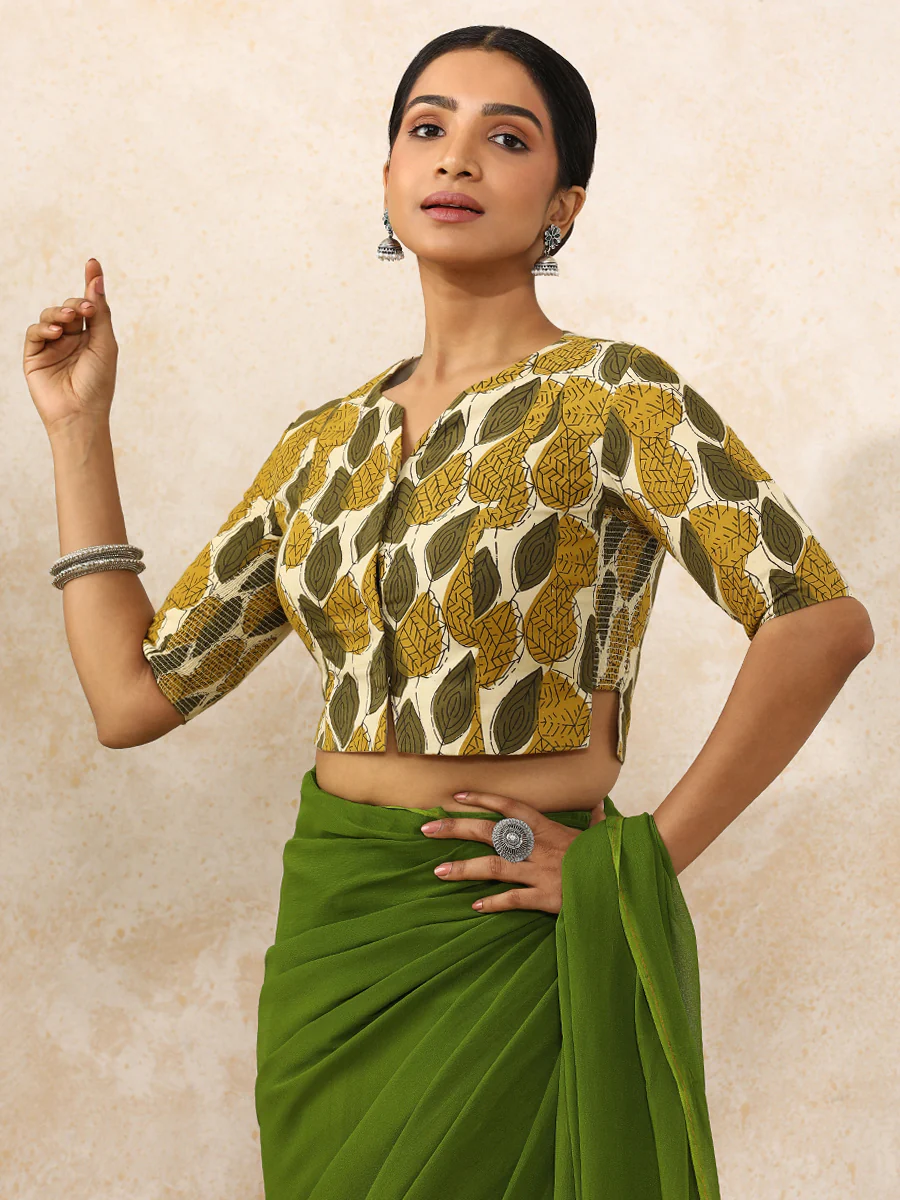 Bhavika x Rozaana | Elbow Sleeves Saree Blouse in Olive Foliage Block Print Cotton - Image 6
