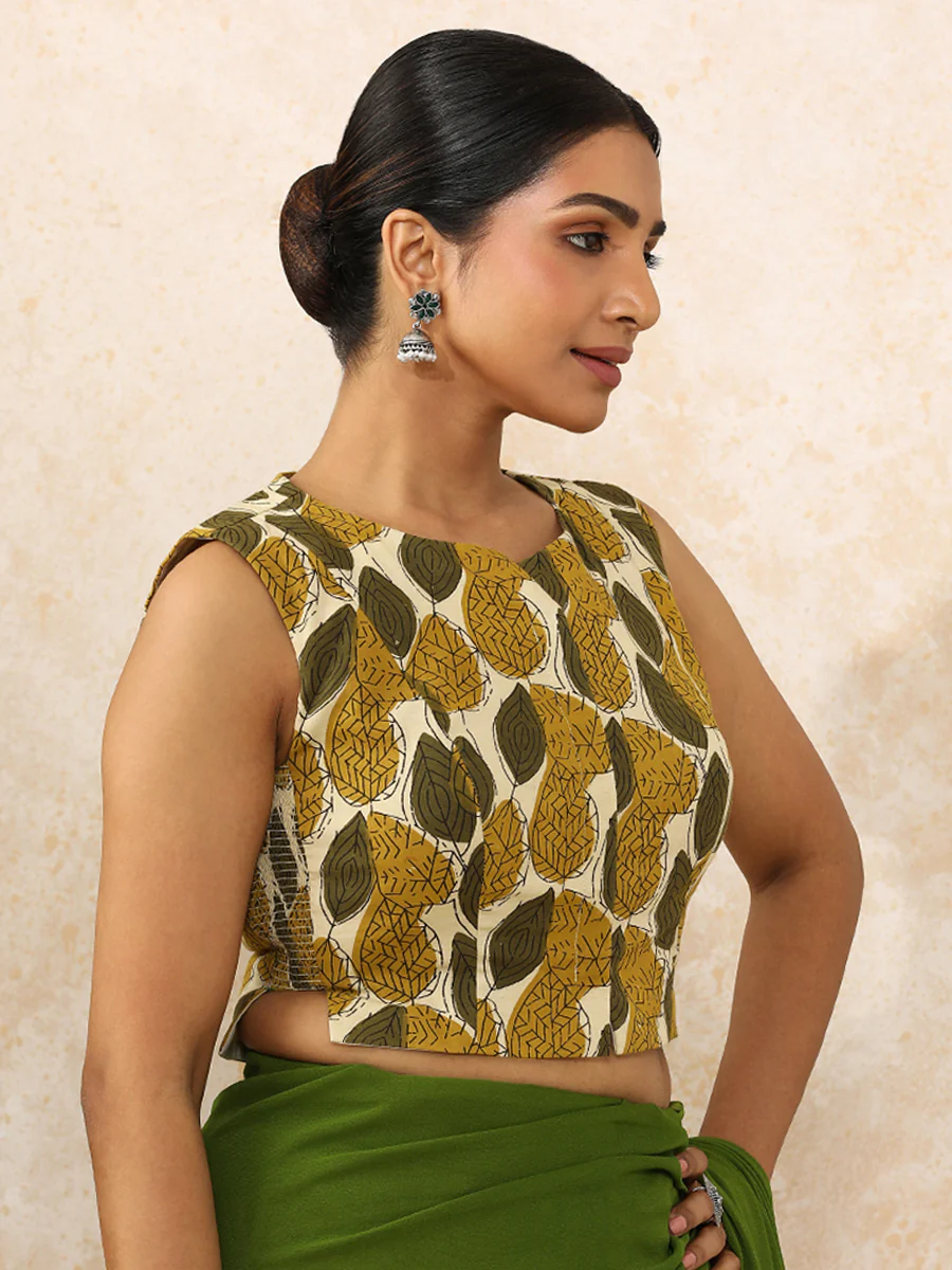 Tasmiya x Rozaana | Sleeveless Saree Blouse in Olive Foliage Block Print Cotton - Image 10