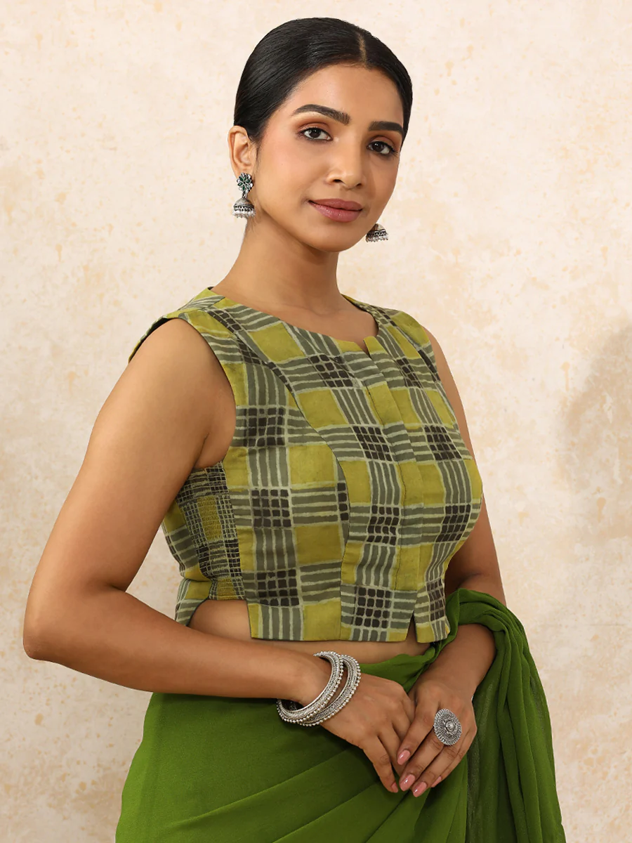Hasina x Rozaana | Sleeveless Saree Blouse in Olive Grid Block Print Cotton - Image 5