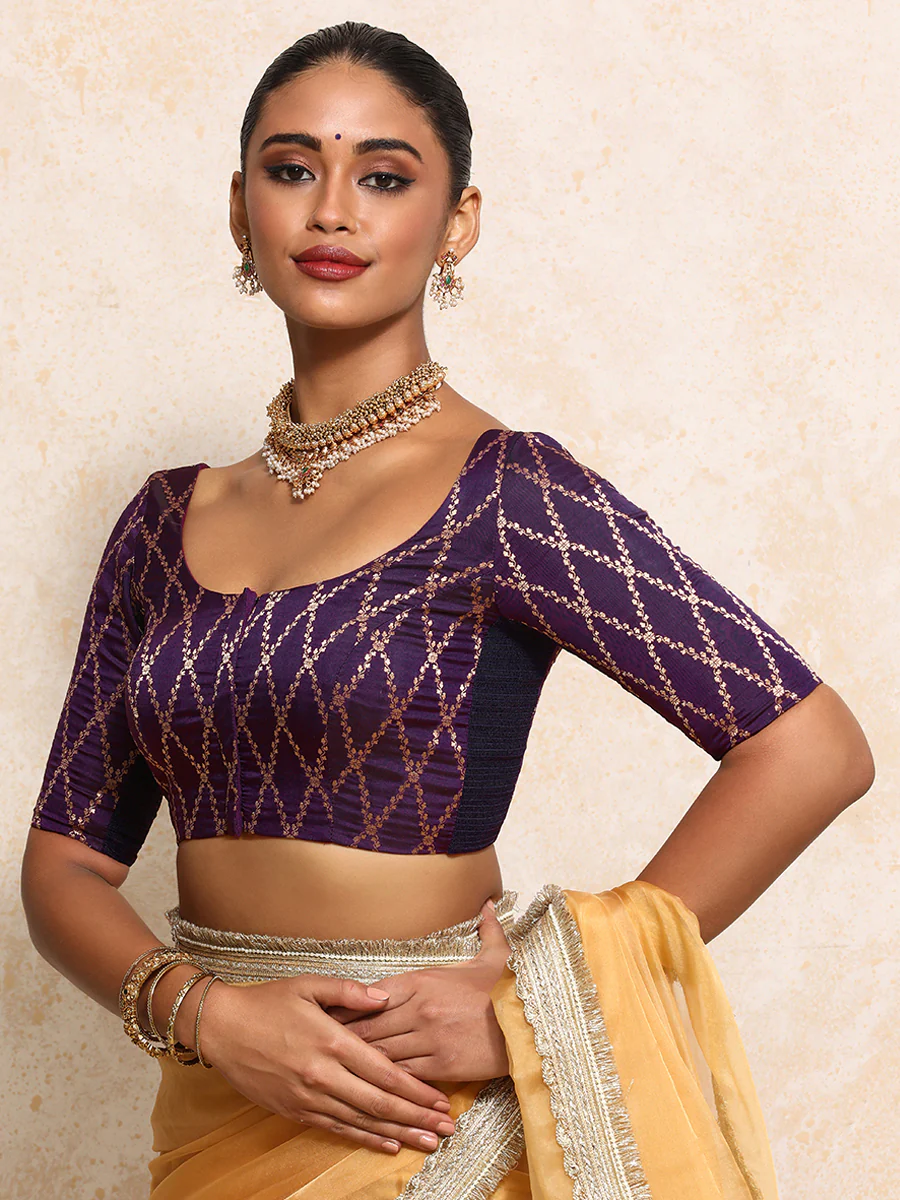 Kumkum x Tyohaar | Elbow Sleeves Saree Blouse in Orchid Plum Vine Mesh Brocade - Image 11