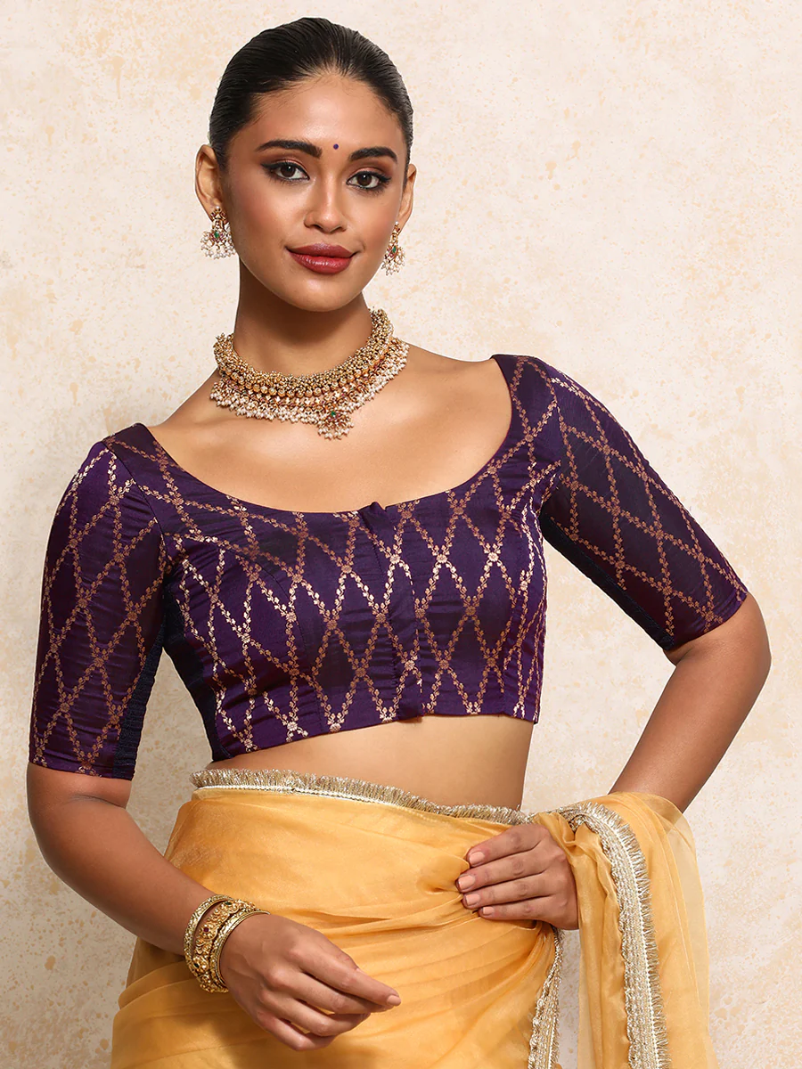 Kumkum x Tyohaar | Elbow Sleeves Saree Blouse in Orchid Plum Vine Mesh Brocade - Image 13