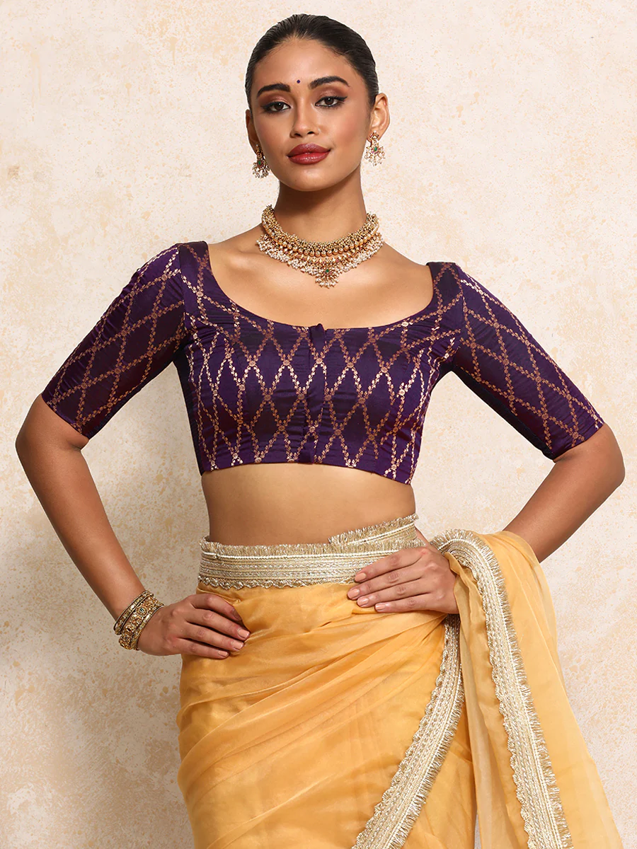 Kumkum x Tyohaar | Elbow Sleeves Saree Blouse in Orchid Plum Vine Mesh Brocade - Image 6