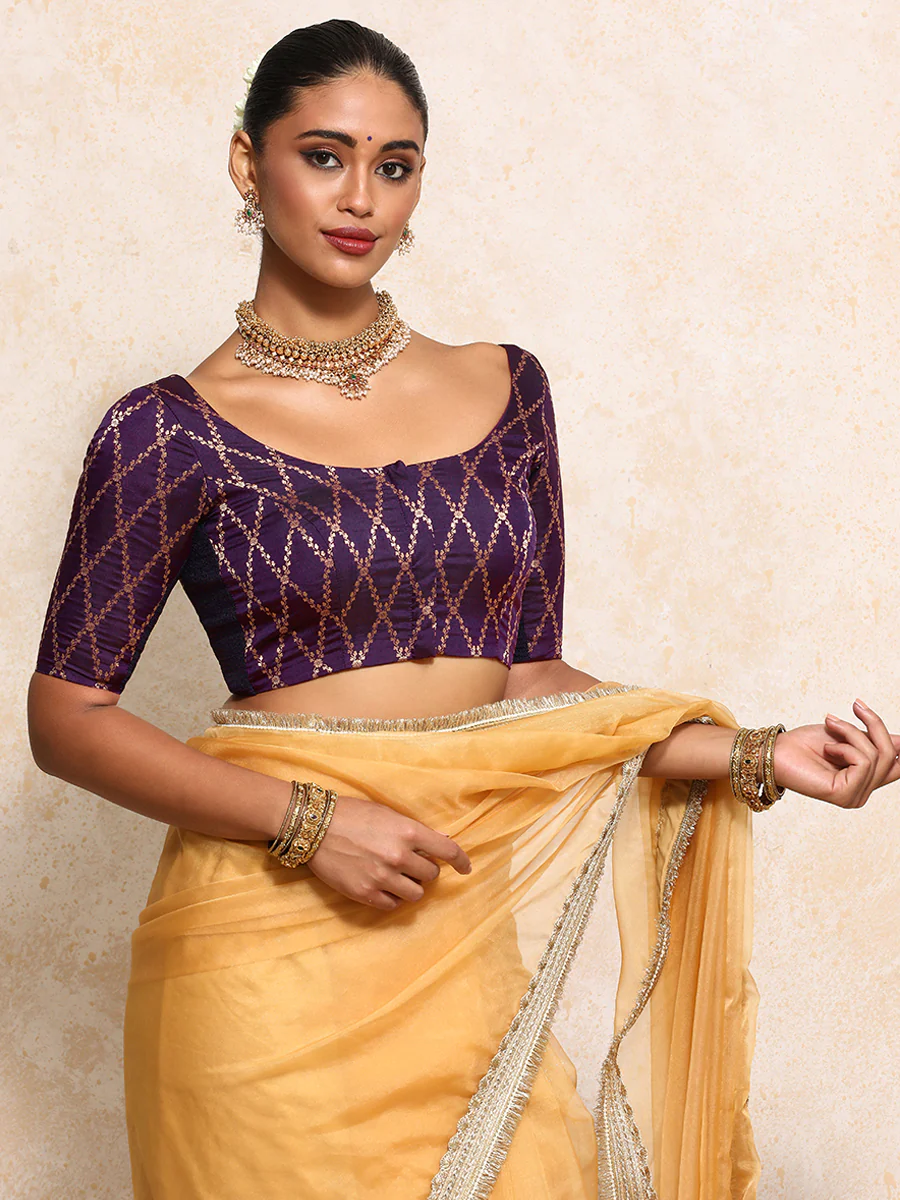 Kumkum x Tyohaar | Elbow Sleeves Saree Blouse in Orchid Plum Vine Mesh Brocade - Image 7
