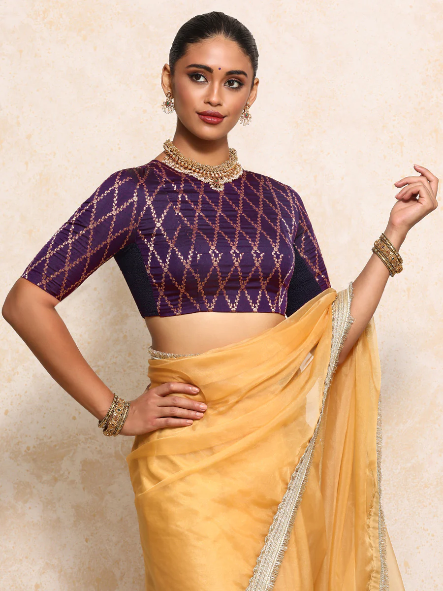 Reena x Tyohaar | Elbow Sleeves Saree Blouse in Orchid Plum Vine Mesh Brocade - Image 10