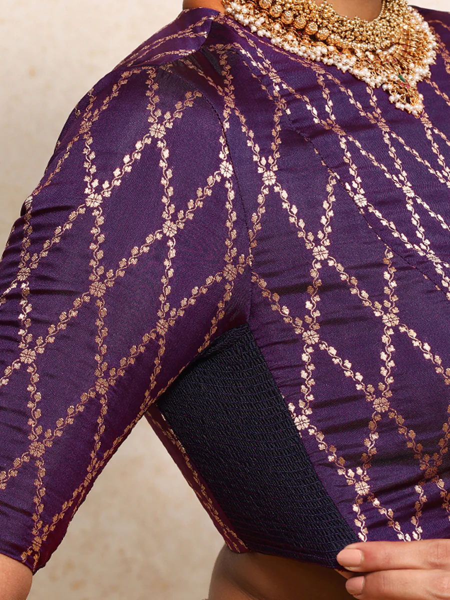 Reena x Tyohaar | Elbow Sleeves Saree Blouse in Orchid Plum Vine Mesh Brocade - Image 3
