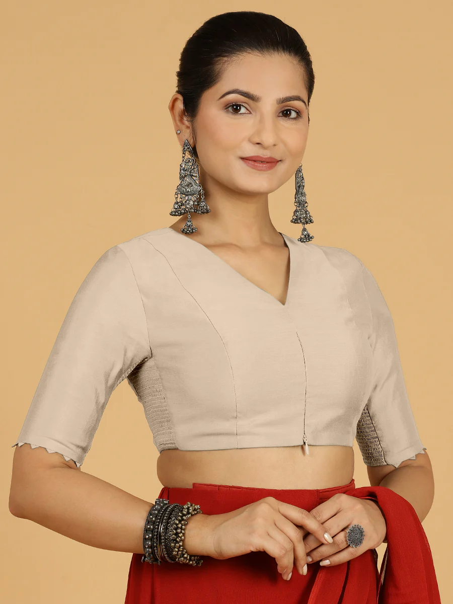 Divya x Rozaana | Elbow Sleeves Saree Blouse in Oyster Grey - Image 10