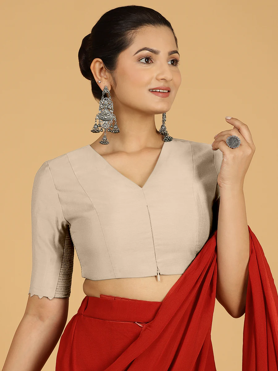 Divya x Rozaana | Elbow Sleeves Saree Blouse in Oyster Grey - Image 7