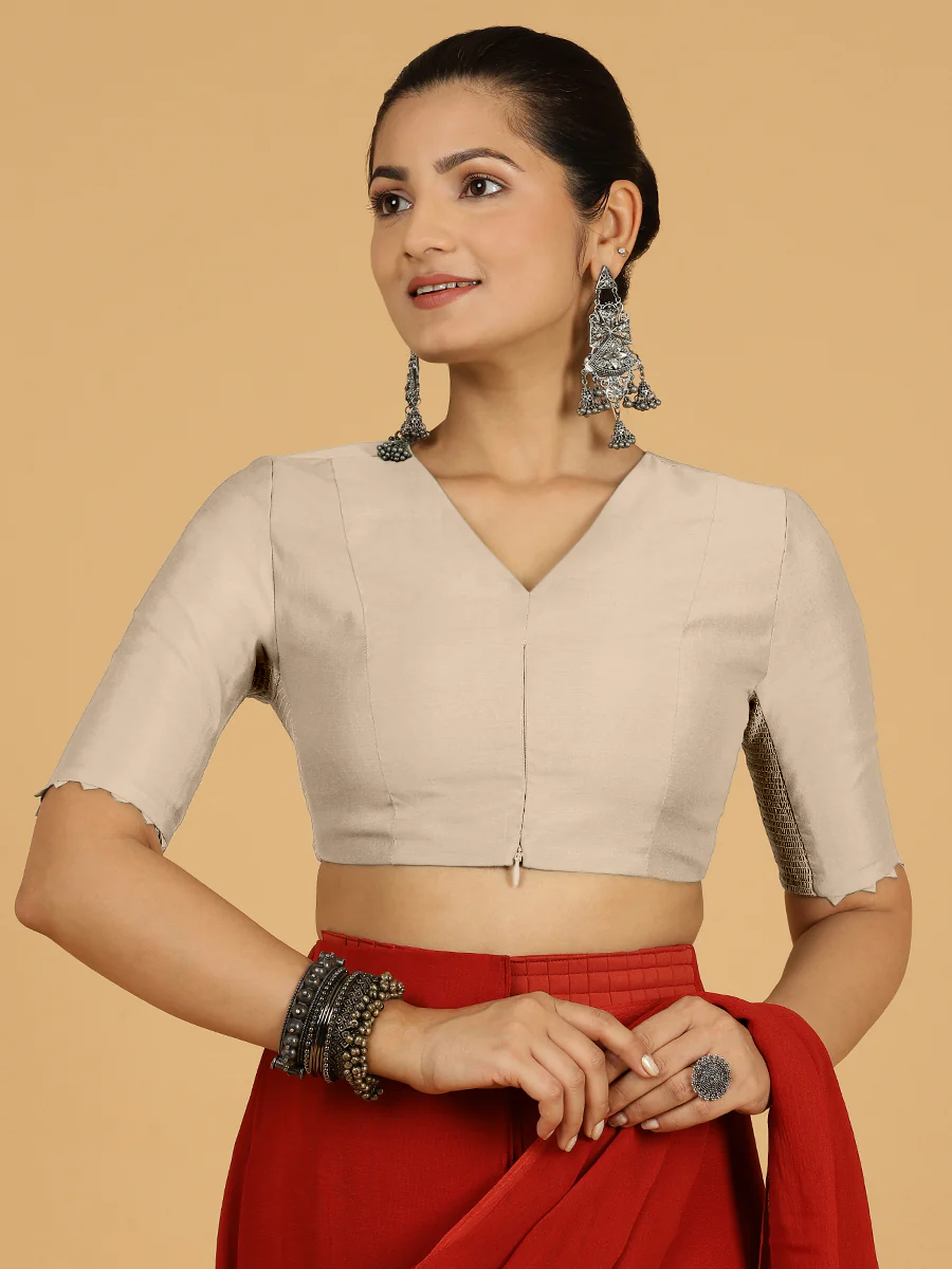 Divya x Rozaana | Elbow Sleeves Saree Blouse in Oyster Grey - Image 8