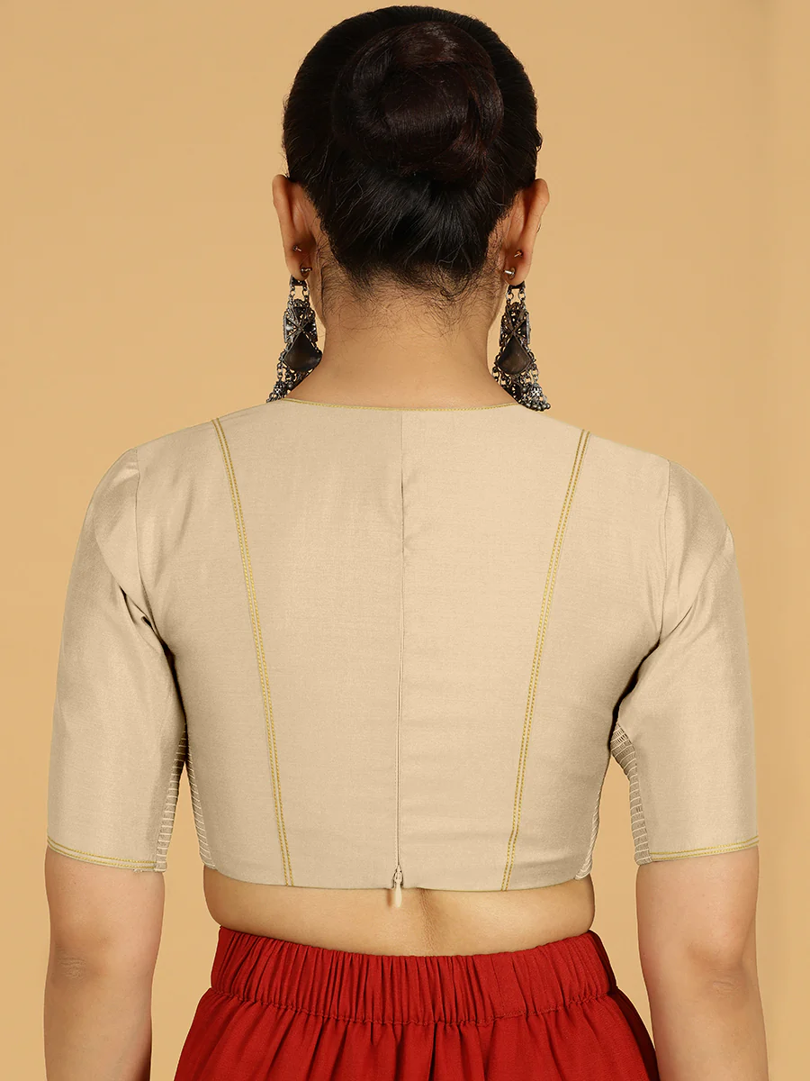 Erum x Rozaana | Elbow Sleeves Saree Blouse in Oyster Grey - Image 2