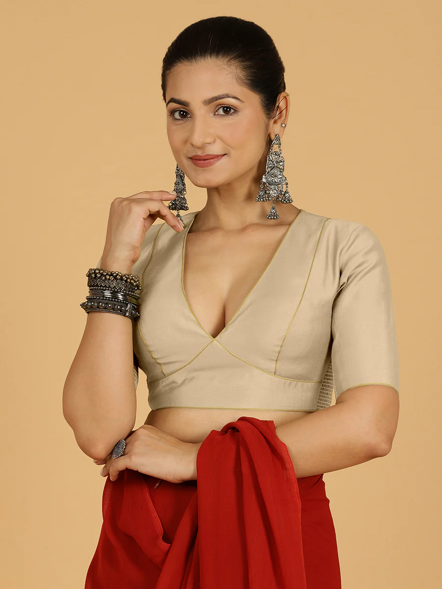 Ghazal x Rozaana | Elbow Sleeves Saree Blouse in Oyster Grey - Image 9