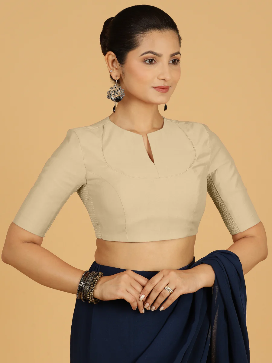 Karishma x Rozaana | Elbow Sleeves Saree Blouse in Oyster Grey - Image 7
