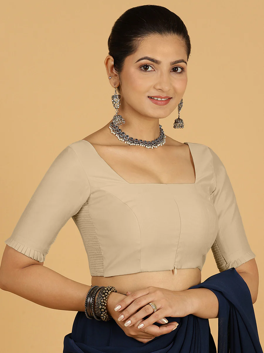 Nihira x Rozaana | Elbow Sleeves Saree Blouse in Oyster Grey - Image 8