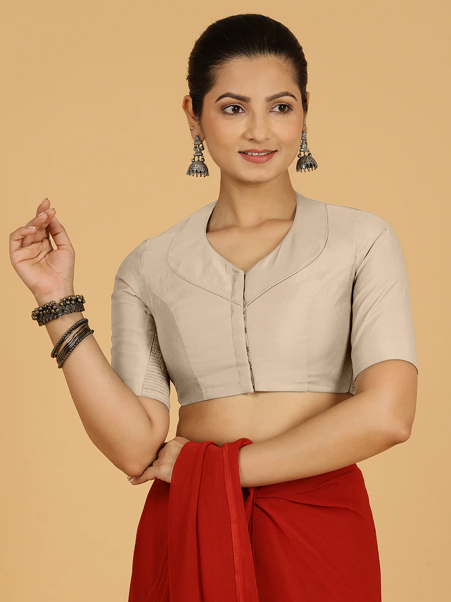 Pallavi x Rozaana | Elbow Sleeves Saree Blouse in Oyster Grey - Image 9