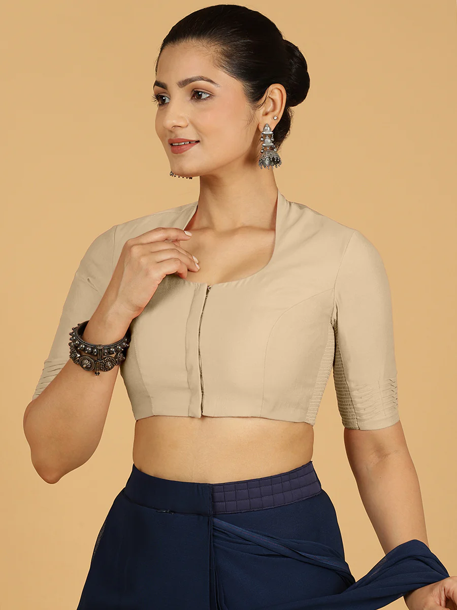 Salma x Rozaana | Elbow Sleeves Saree Blouse in Oyster Grey - Image 6