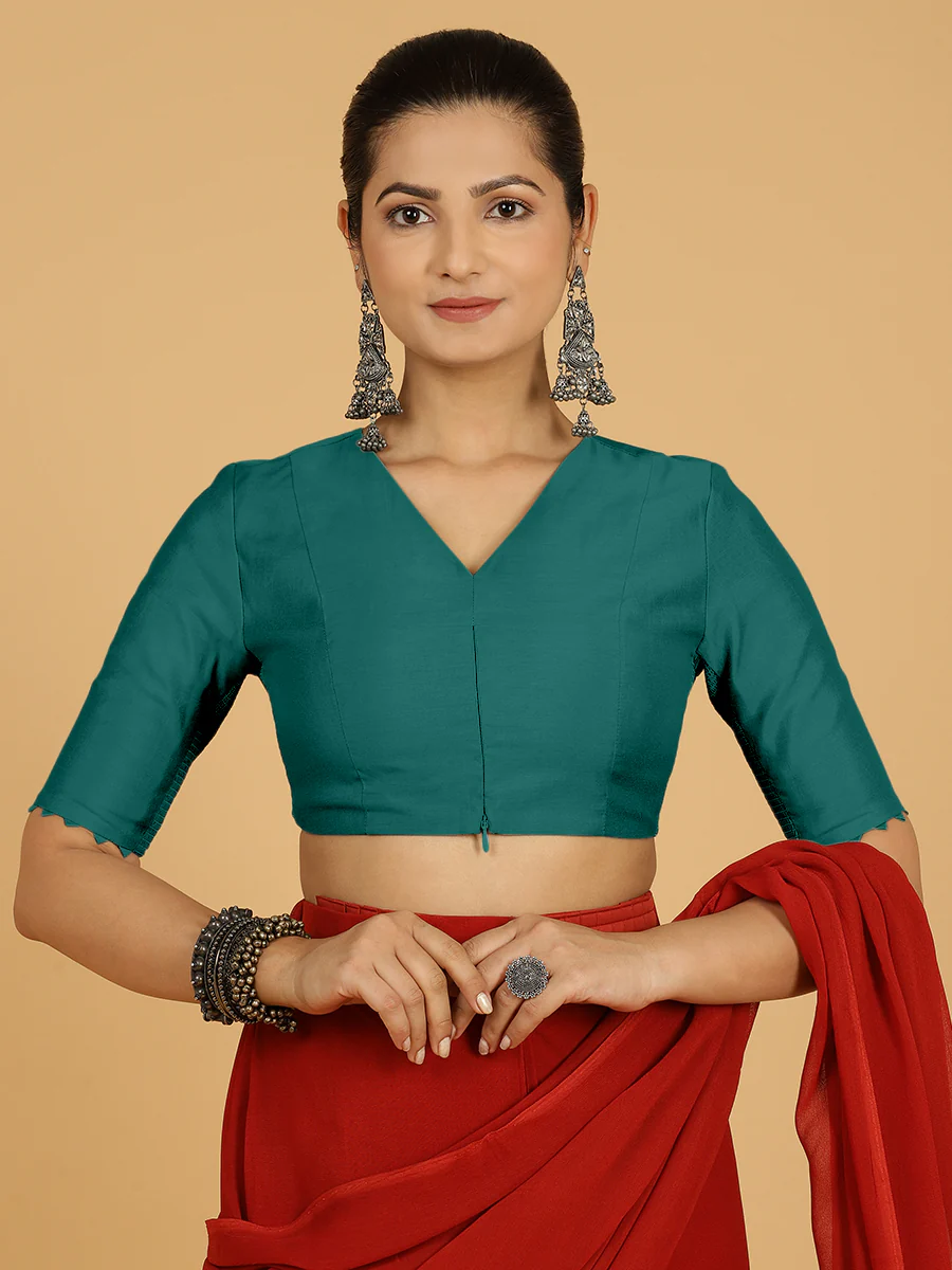 Divya x Rozaana | Elbow Sleeves Saree Blouse in Peacock Green - Image 12