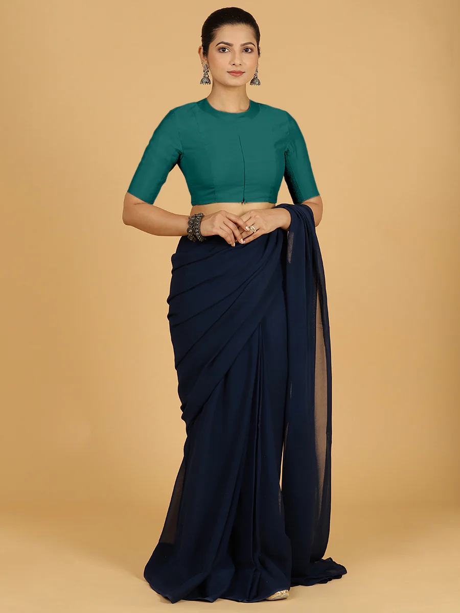 Farida x Rozaana | Regular Sleeves Saree Blouse in Peacock Green - Image 10