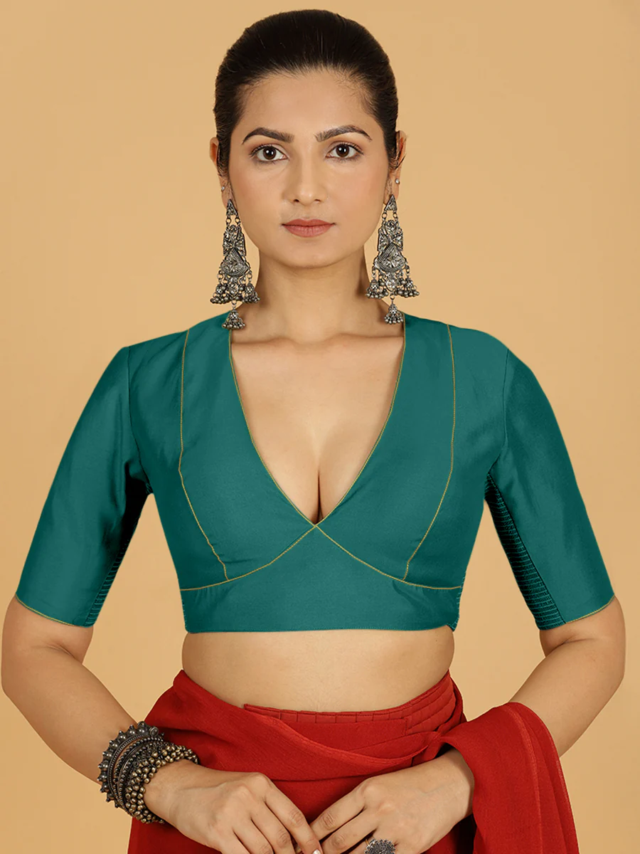 Ghazal x Rozaana | Elbow Sleeves Saree Blouse in Peacock Green - Image 10