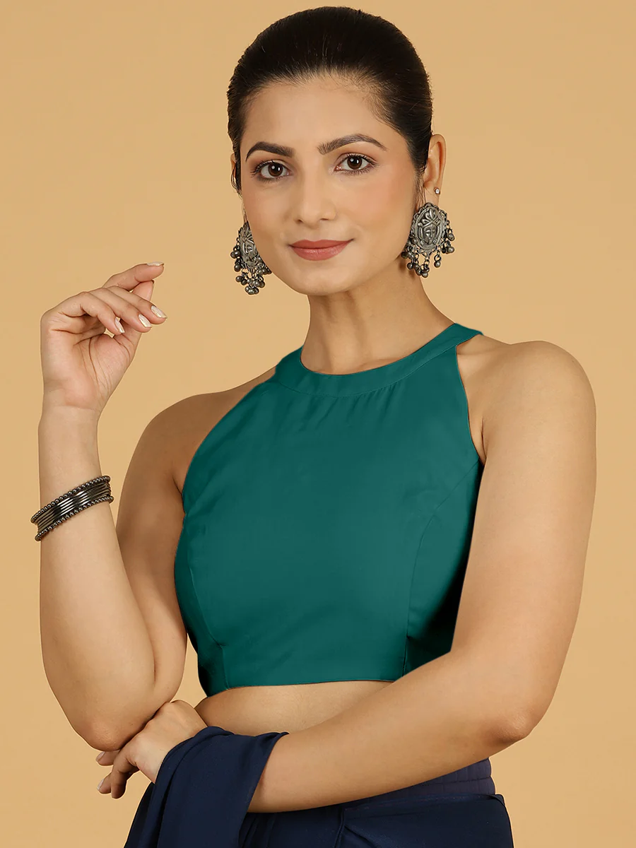 Zubeida x Rozaana | Peacock Green Sleeveless Halter Neck Saree Blouse - Image 7