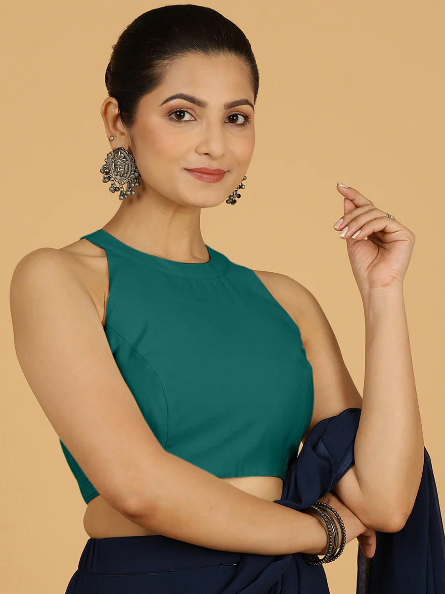 Zubeida x Rozaana | Peacock Green Sleeveless Halter Neck Saree Blouse - Image 8