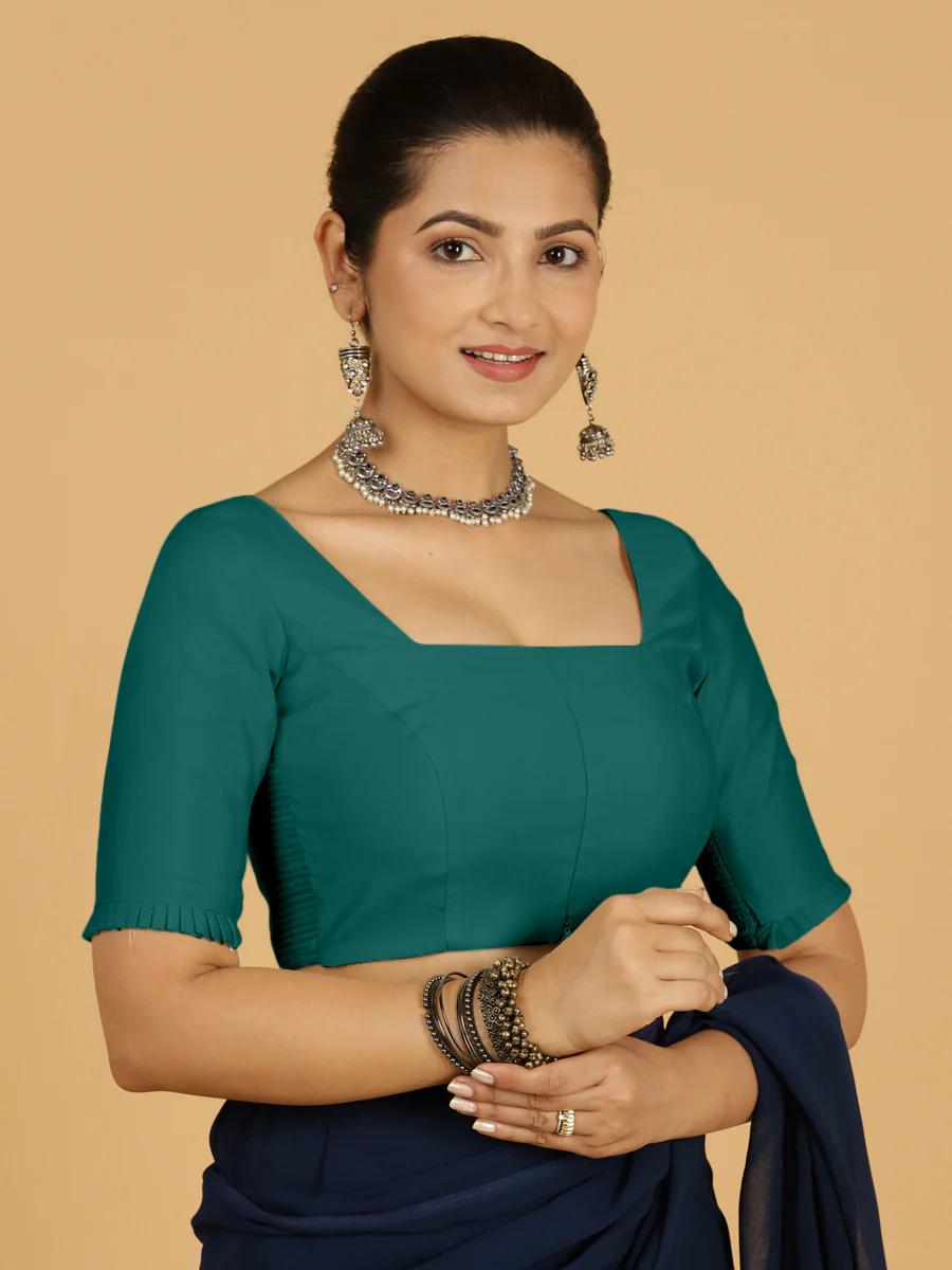 Nihira x Rozaana | Elbow Sleeves Saree Blouse in Peacock Green - Image 8