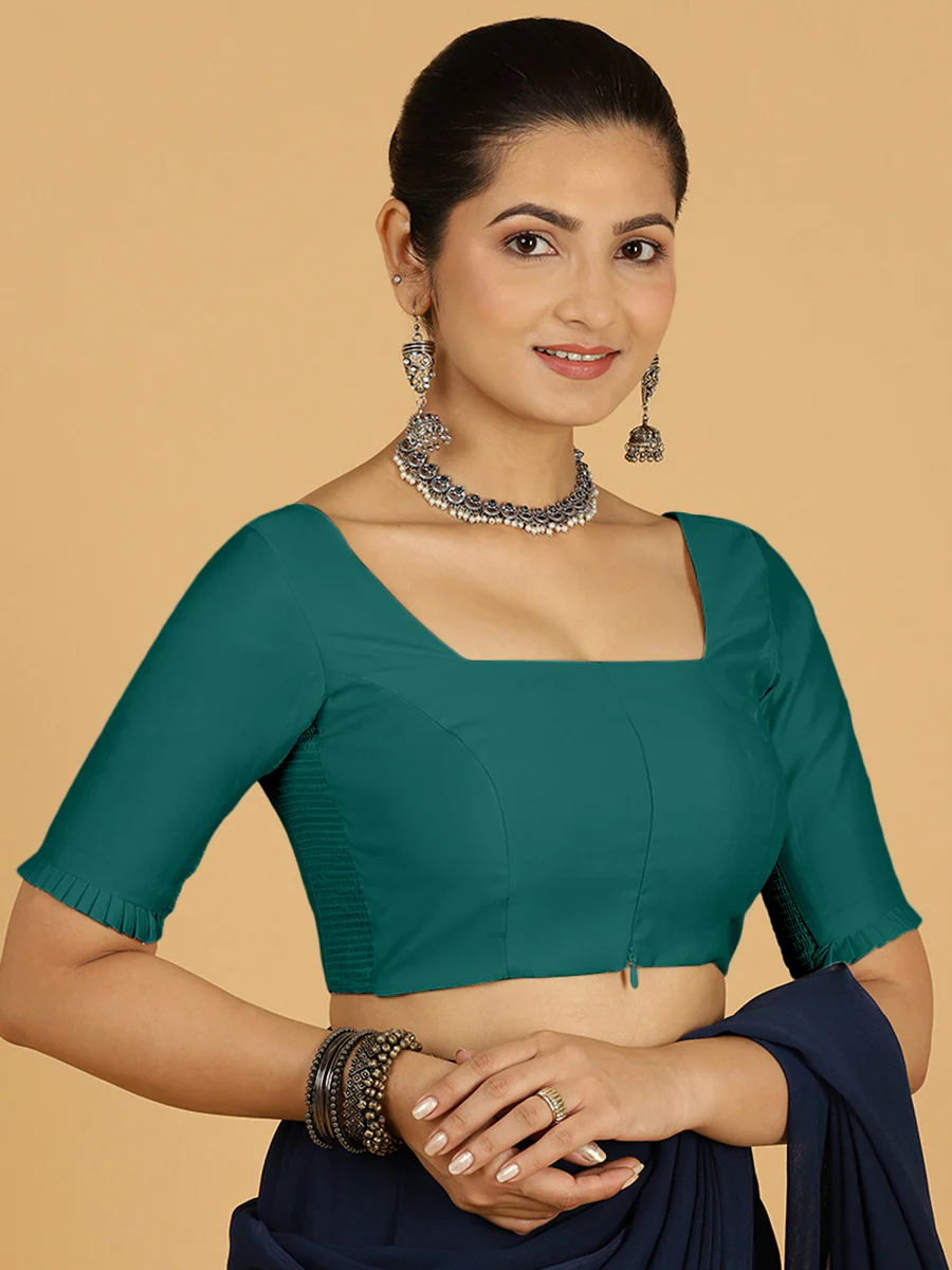 Nihira x Rozaana | Elbow Sleeves Saree Blouse in Peacock Green - Image 9